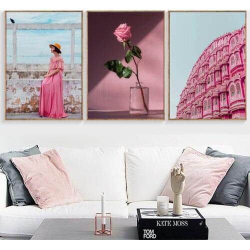 Girl Pink Rose Sea Beach Building Quotes Wall Art Canvas Painting Nordic Posters And Prints Wall Pictures For Living Room Decor