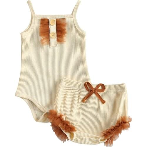 Toddler Infant Baby Girls Two-Piece Suit Cute Mesh Button Sleeveless Sling Romper and Bow Shorts for Birthday Party Photography