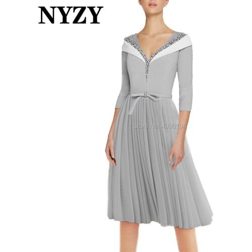 Elegant 3/4 Sleeves Silver Grey Mother of the Bride Dresses NYZY M330 Short Wedding Party Dress Formal Dress vestidos de fiesta