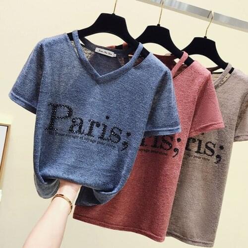 GGRIGHT 2019 Summer Diamonds Letter T-Shirt Women Cotton Loose Casual Tops Women Short Sleeve V-Neck T Shirt Black High Quality