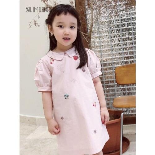 Sumcico 2020 Latest Girls Cotton Bead Sequin Embroidered Peter Pan Collar Dress Little Girls Cute Style Lantern Sleeves Dress