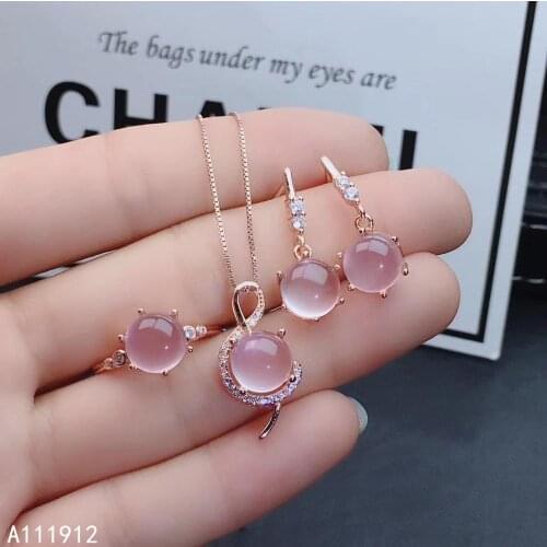 KJJEAXCMY fine jewelry natural Rose Quartz 925 sterling silver women pendant necklace ring earrings set support test trendy