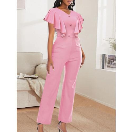 Classy Pink Jump Suits for Women Ruffles Buttons One Piece Jumpsuit Plus Size Clothes Elegant Lady Office Party Romper Overalls
