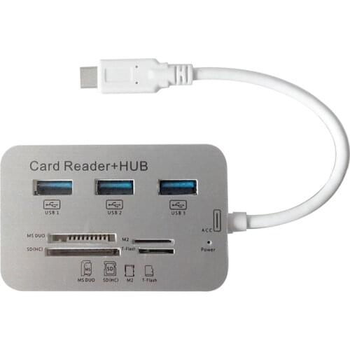 20pcs/lot Aluminum 3 Ports USB 3.0 Hub With MS SD M2 TF Multi All in One Type C Card Reader