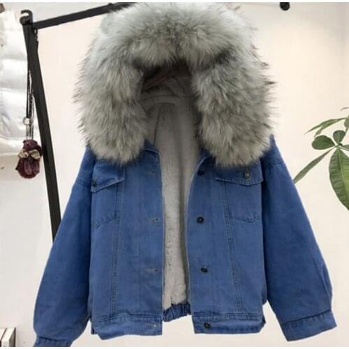 Womens Denim Jacket With Fur Faux Fur Collar Winter Woman Coats 2020 Hooded Velvet Jacket Women Fashion Padded Warm Female Tops