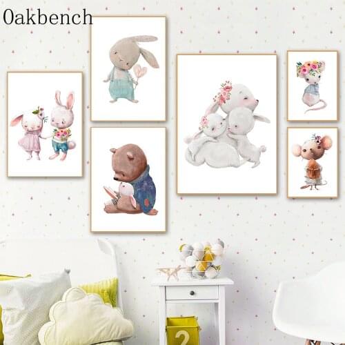 Flower Rabbit Bear Mouse Cartoon Canvas Painting Fox Bunny Nursery Art Poster Baby Animal Print Wall Pictures Kids Room Decor