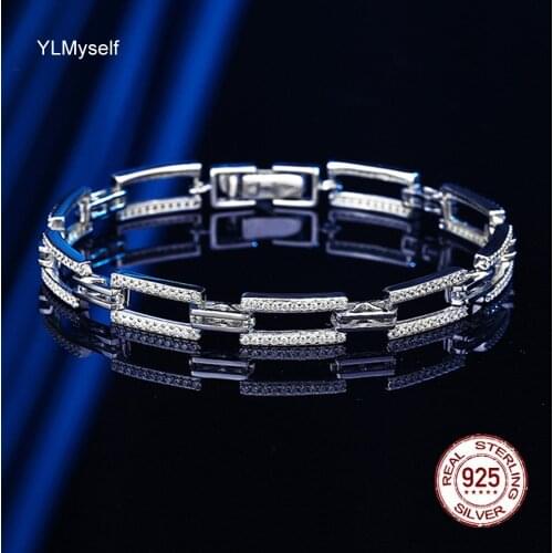 Real 925 Silver 15.5-17.5cm Bracelet Pave High Quality Zircon Long Square Shape Cool Daily Wear Fine Jewelry OL Lady