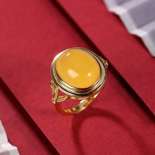 Natural 925 sterling silver gilt bamboo leaves inlaid amber retro simple temperament amber rings resizable women rings