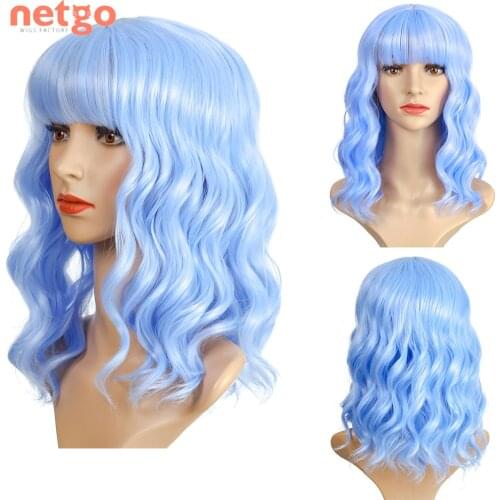 Netgo Synthetic Short Wavy Bob Wig With Bangs Blue/Blonde/Black Wigs Heat Resistant Fiber For Women Cosplay Party Daily Wear