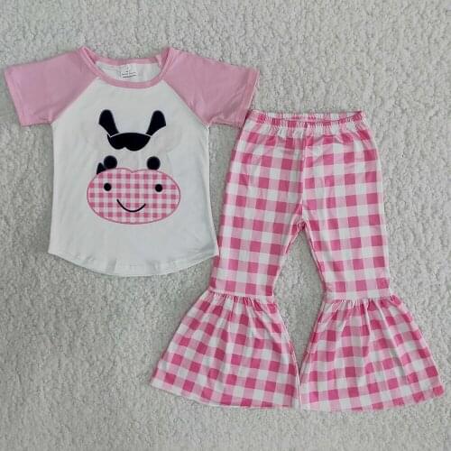 New Arrival Girl Pink Short Sleeve Top Plaid Bell Pants Cute Cow Pattern Kids Outfit Spring Fall Fashion Clothing Set