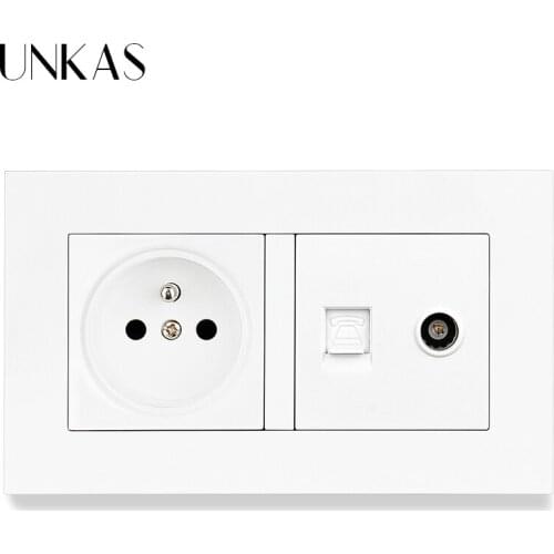 UNKAS PC Plastic Panel French Standard Socket + RJ11 Telephone Connector Jack And TV Television Port 146MM*86MM 2 Gang Outlet