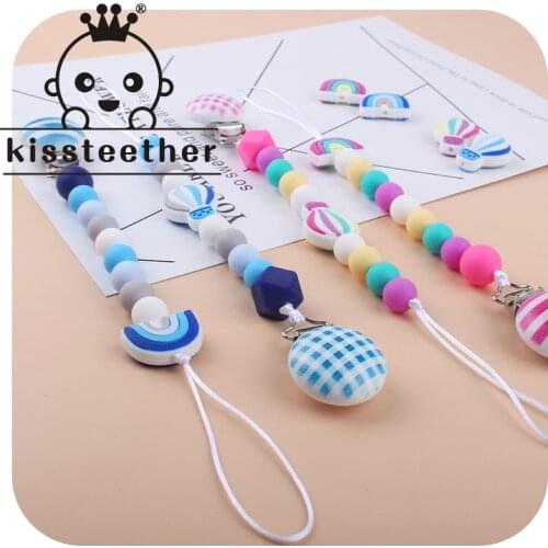 Kissteether Silicone Rainbow Bead Nipple Clip Silicone Teether Hot Air Balloon Newborn Manikin Milking Stand Molar Gift