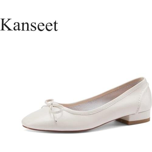 Kanseet 2021 New Women Pumps Spring Autumn Sweet Butterfly-Knot Round Toe Genuine Leather Concise Handmade Casual Low Heel Shoes