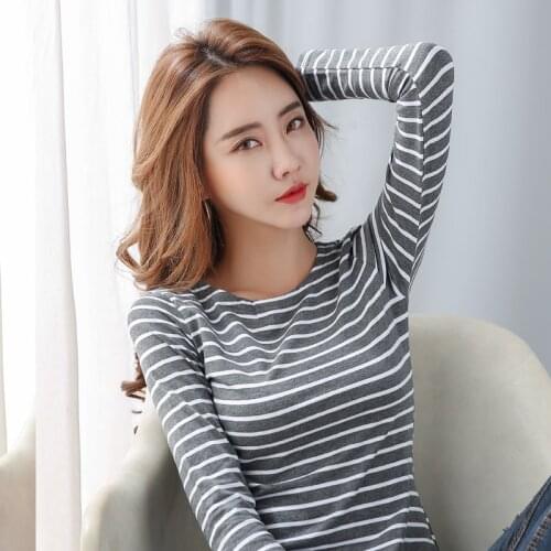 6 Colors Long Sleeve Cotton Striped Women T Shirt Spring Summer Casual Korean Style Tops Female Plus Size Black White Grey Red