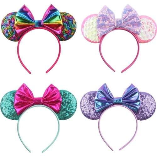 Cute 3.3'' Sequin Mouse Ears Hairband For Girls Glitter Bow Headband Women Party Headwear Colorful Hair Accessories