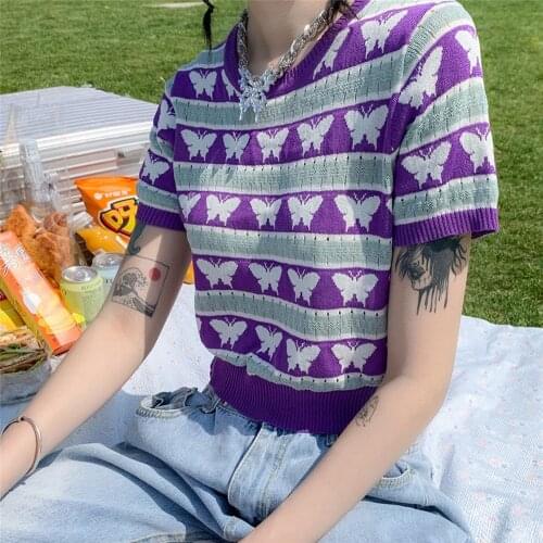 Women Kawaii Summer Purple Knitted T-Shirt Casual Butterfly Print Round-Neck Short Sleeve High Waist Crop Tops 2021 Pullover