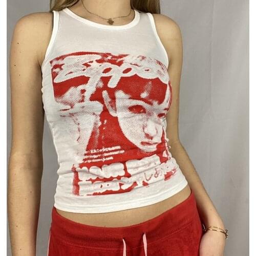 2000s Vintage Sleeveless Tank Top E-girl Face Graphic Printed Sweat Vest Y2K Aesthetic Harajuku Streetwear Women Slim Fit Crop