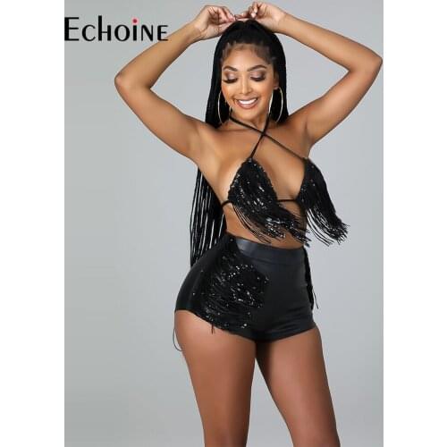 Echoine Women Sequin tassel Sexy Party nightclub Two Piece Sets Sleeveless Short Top And Elastic Short Pants Beach Outfits