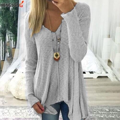Women Sweater Autumn Pullovers Tops Solid Color V-Neck Basic Bottoming Jumper Long Sleeve Sweaters Women Long Irregular Sweater