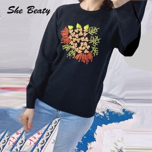 She Beaty Knitted Sweater Pullovers Women 2021 Autumn Winter O-Neck Long Sleeve Embroidered Flowers Korean Fashion Y2k Traf Tops
