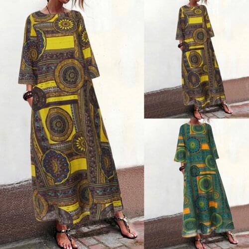 Women Vintage Printed Long Shirt Dress 2021 Celmia Female 3/4 Sleeve Cotton Linen Maxi Dress Casual Party Vestidos Kaftan Robe