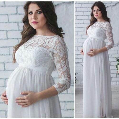 Women Lace Long Pregnancy Dress Clothes Women Solid Casual Long Wrist O Neck Ankle-Length Loose Dress