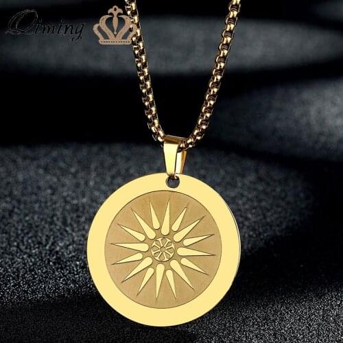 Stainless Steel Engraved Star Pendant Necklace For Women Solar Sun Charm Fashion Jewelry Round Charm Retro Necklace Gift