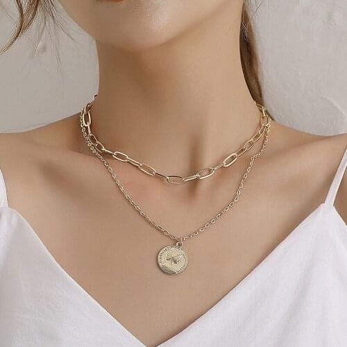 Vintage Punk Thick Chain Round Figure Coin Pendant Necklace Women Temperament Geometric Clavicle Necklace Party Jewelry Kolye