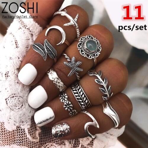 11pcs Retro Boho Ring Set Peace Plane Olive Branch Wave Feather Moon Starfish Mid Ring For Women Knuckle Ring Fatima Hand Heart
