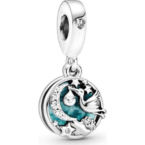 2020 New Original 925 Sterling Silver Bead Stork & Twinkling Stars Dangle Charm Fit Pandora Bracelet Bangle DIY Women Jewelry