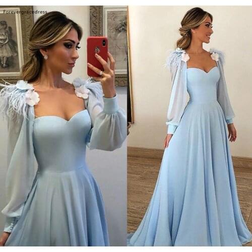2020 Mother of the Bride Dresses Sky Blue Long Sleeves Formal Godmother Evening Party Guests Gown Custom Made