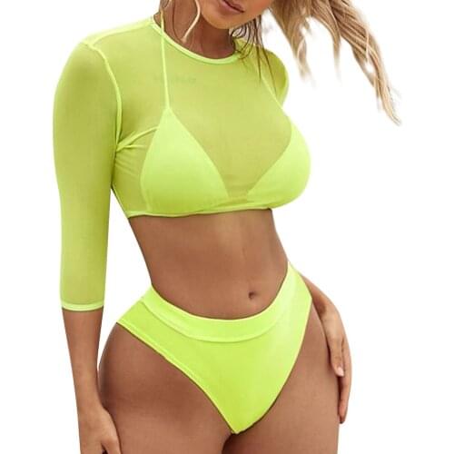 4 Colors Sexy Women 3Pcs Summer Swimwear Ladies Halter Bikini Bras High Waist Panty with Mesh Crop Tops Swimsuit Sets Outfits