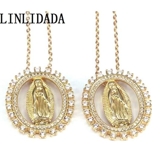 5Pcs, Cubic Zircon Religious Virgin Mary Oval Necklace Female Gold Color Pendant & Chains For Women Jewelry
