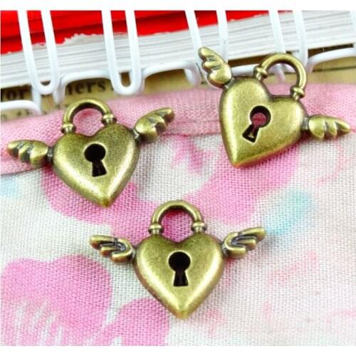 60pcs/lot 13*17.5MM Antique Bronze Plated Lock With Wings Charms Pendants Diy Accessories