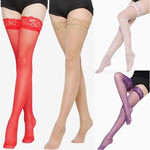 1 Pair Women Sexy Stocking Sheer Lace Thigh High Stockings Female Solid Color Nets Stockings Pink Purple Skin Red
