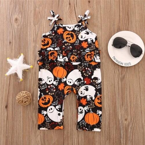 Toddler Girl 0-2 Years Baby Halloween Dress Tied Spaghetti Straps Sleeveless Boat-Neck Cartoon Pumpkin Ghost Print Jumpsuit