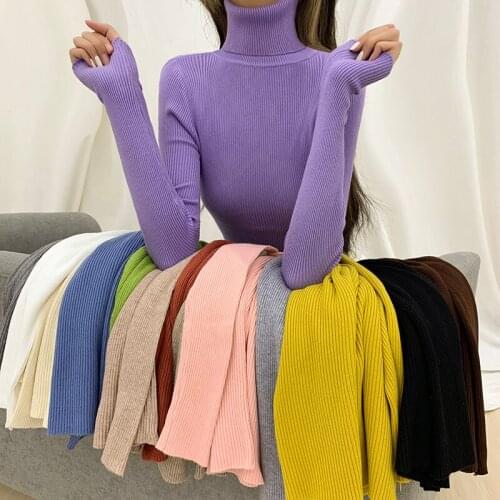 Elegant Fashion Knitted Pullover Autumn Winter Turtleneck Long Sleeve Slim Inside Tops Solid All-match Women Sweaters 80308
