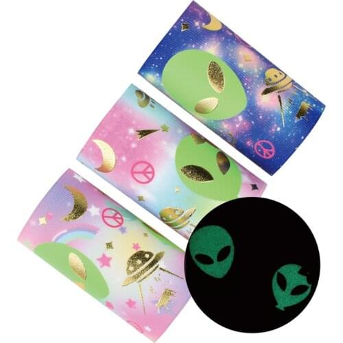 HSDRibbon 75MM Alien Pattern Glow in the dark two color ink with noctilucent glitter gold foil Printed on grosgrain ribbon