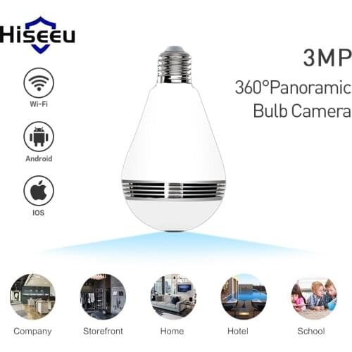 Hiseeu HD 3MP lamp bulb light Wireless IP Camera 360 degree FishEye CCTV 3D VR Camera Home Security WiFi Camera Panoramic