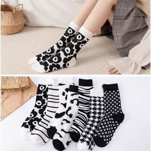 Korean literature art retro black white harajuku color flower zebra milk cow texture cotton girl stockings simple cotton socks