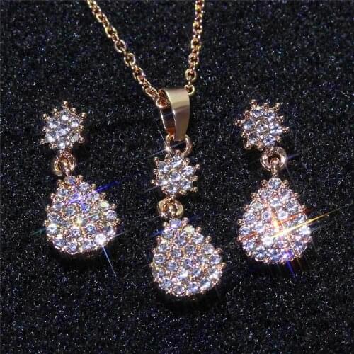 Luxury Female White Crystal Jewelry Set Cute Rose Gold Color Stud Earrings For Women Charm Bride Geometry Wedding Chain Necklace
