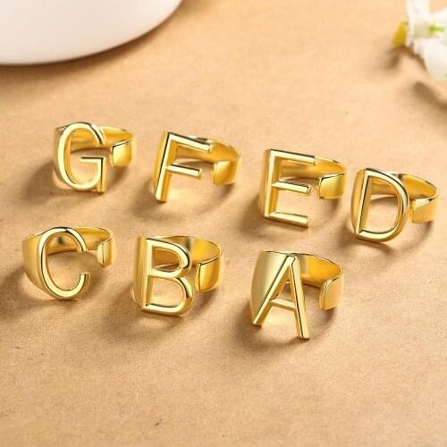 Fashion Thick Wide Hollow A-Z Letter Gold Color Adjustable Opening Ring Initials Alphabet Womens Party Wedding Jewelry