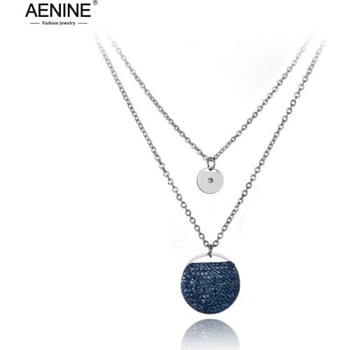 AENINE Trendy Bohemia Titanium Stainless Steel Double Layers Dark Blue Rhinestone Round Shape Choker Necklaces For Women AN19168