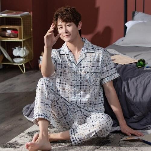 Mens Spring and Summer Pajamas Simple Casual Short-Sleeved Trousers Cardigan Lapel Pajamas Home Service 21 Styles