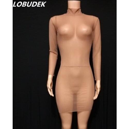 Solid Nude Mesh Transparent Skinny Short Dress Women Bar Club Party Show See Through Stage Wear Nightclub Performance Costume