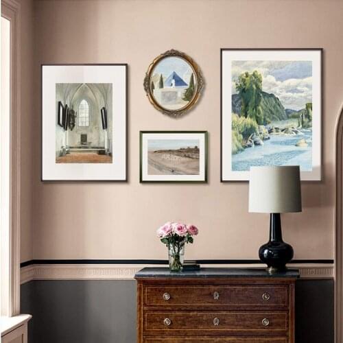 Nordic Style Countryside Beach People Church Canvas Painting Landscape Poster Print Wall Art Picture for Living Room Home Decor