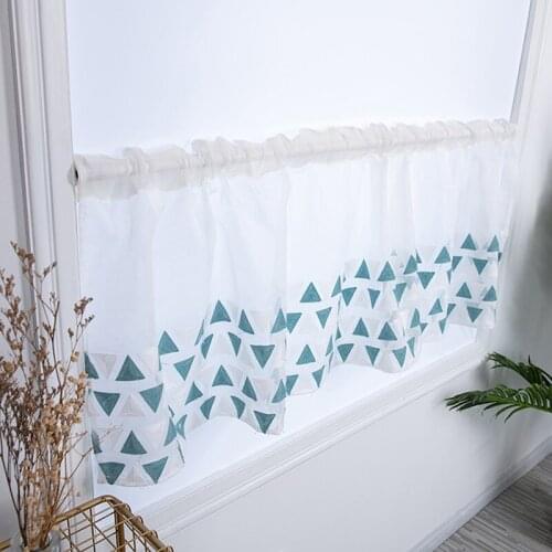 Rod Pocket Embroidered Geometric Semi Tier Curtain, Short Curtain For Kitchen Bathroom Living Room