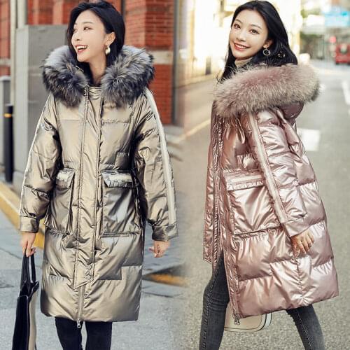 2021 New Korean Glossy Down Jacket Coat Womens Long Winter Coat Female Big Fur Collar Parka Woman Thick Warm Hooded Cotton Coats