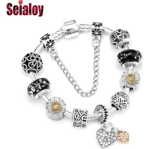 Seialoy Two-tone Heart Charm Bracelet For Women Men Original Black Luminous Glass Beads Love Beads Silver Color Bangle Jewelry