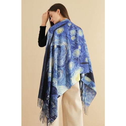 Starry Night Oil Painting Women Scarf Cashmere Scarves Ladies Shawl Wrap Autumn Winter Warm Pashmina Muffler With Tassels 190cm